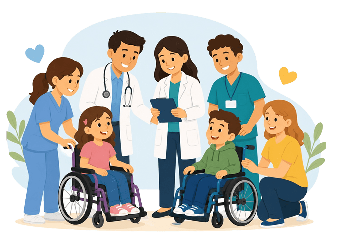 Equipe médica com crianças cadeirantes