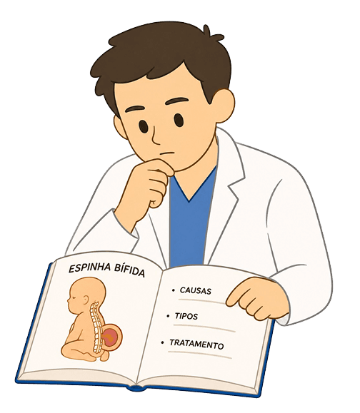 Médico lendo livro sobre Espinha Bífida