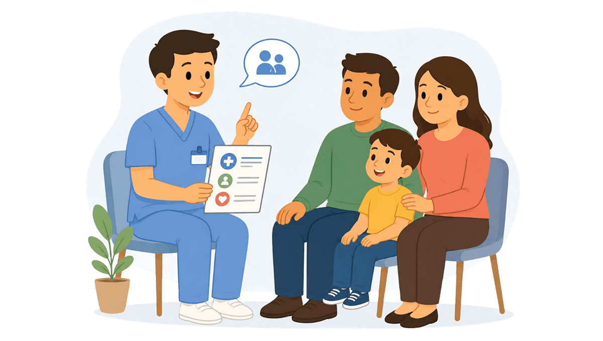 Família em consulta com enfermeiro