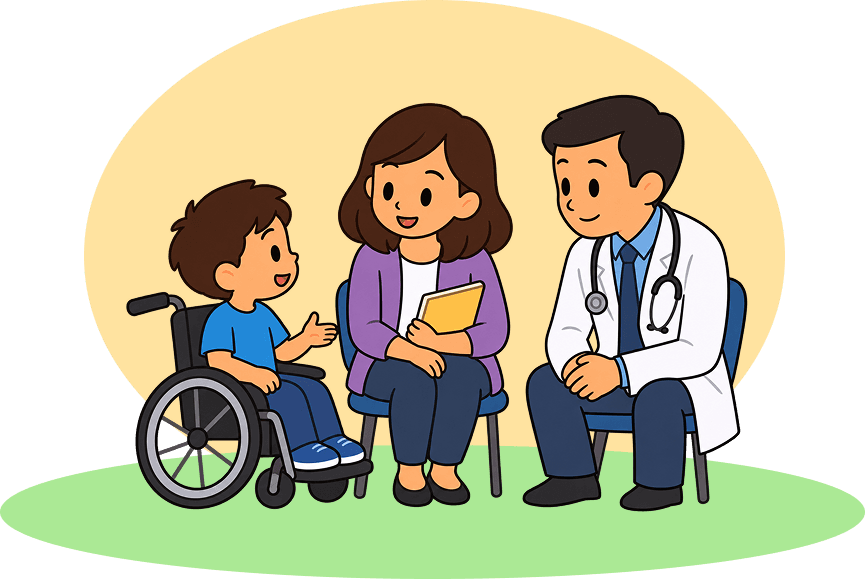 Família conversando com médico