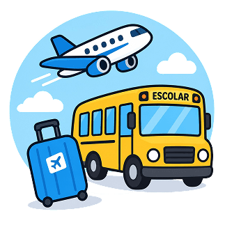 Avião, ônibus e malas