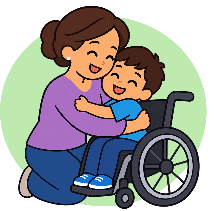 Mãe abraçando filho cadeirante